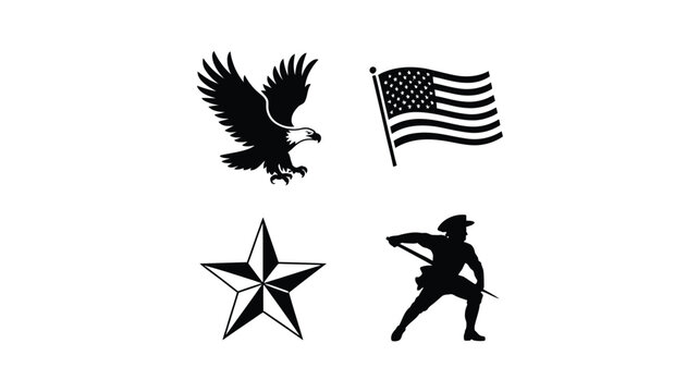 American patriotic symbols set with eagle flag star and minuteman on white background for graphic design