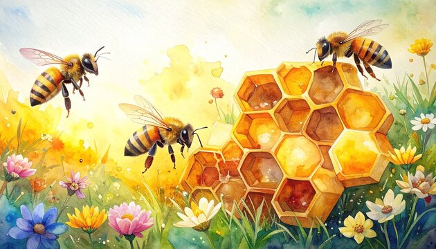Illustration of watercolor hand drawn colorful Honeycombs in the shape of hexagon, Spring pattern. Realistic honeybee gather fresh healthy organic mead. Seasonal natural scene, meadow, organic.
