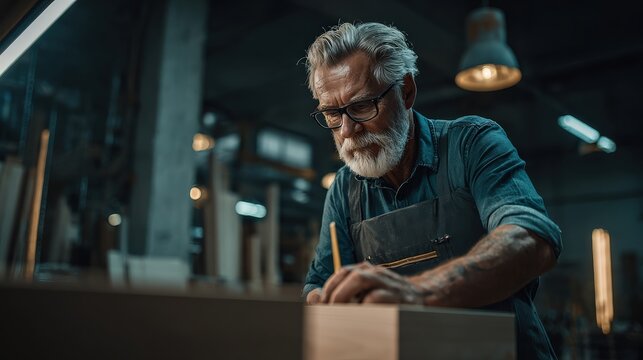 An elderly man with glasses and a beard carefully works on a woodworking project in a dimly lit workshop.