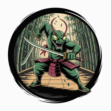 Green samurai ninja warrior cartoon character.