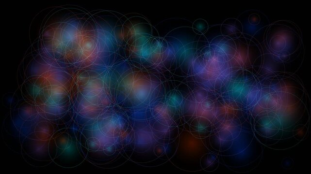 Glowing abstract network bubbles background, colorful light orbs in soft focus with swirling motion and seamless loop effect, cinematic dark gradient studio setting, symbolizing connected technology
