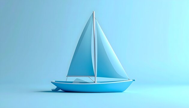 Minimalist 3D render of a simple light blue sailboat on a matching solid background, clean design concept.