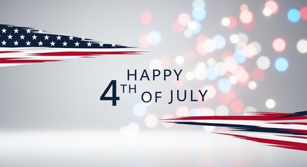 Obraz premium Happy 4th of July greeting with abstract American flag elements and bokeh lights in patriotic colors, graphic design, celebration, independence day, festive background, copy space