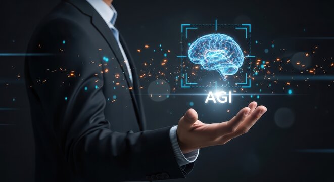 Businessman Presenting AGI Brain Interface in Futuristic Digital Environment