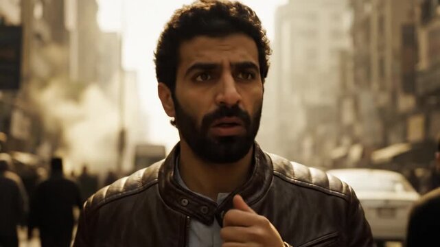 Serious man in leather jacket on busy urban street