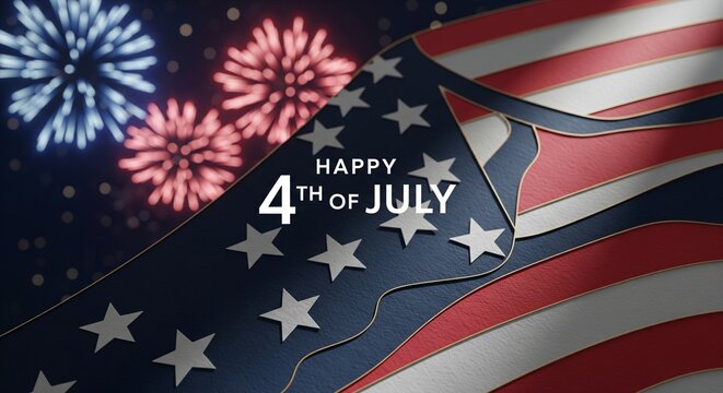 Abstract American flag design with red and blue fireworks exploding in the night sky, celebrating Independence Day with patriotic holiday theme and festive celebration.