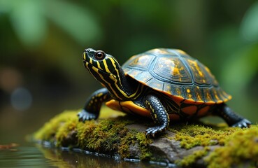 Naklejka premium Amazon river turtle with yellow markings sits on mossy rock near water. Reptile has detailed shell and head. Wild animal rests in natural jungle environment, close-up view.