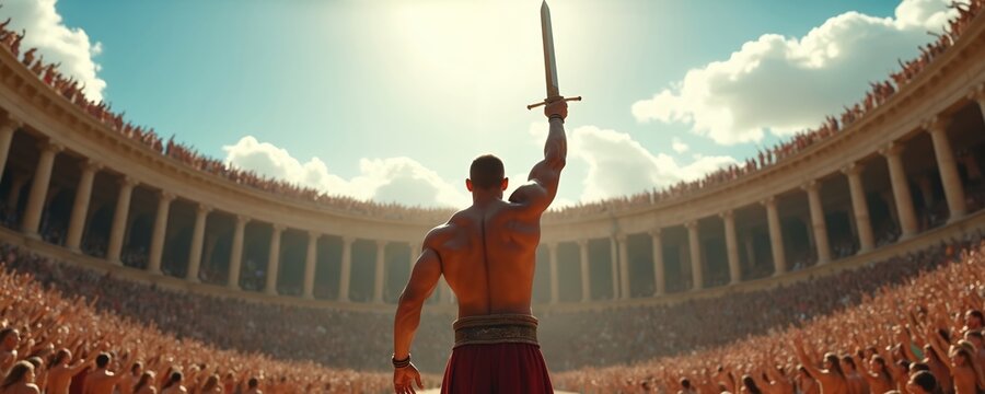 Muscular man holds sword up high. Crowd cheers in ancient arena. Warrior celebrates victory. Sunlight shines over stadium fans and athlete. He shows triumph.