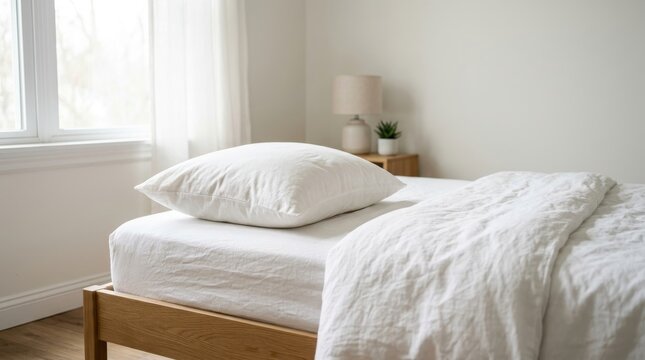 Double bed in bedroom interior with pillows bedding and comfortable furniture in a cozy home or hotel room