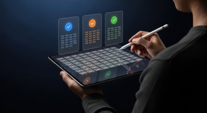 Person using stylus on tablet with virtual keyboard and floating checkmark cards
