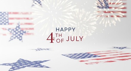 Fototapeta premium Happy 4th of July greeting with American flags and stars scattered on a white background with blurred fireworks and bokeh lights, festive patriotic celebration concept