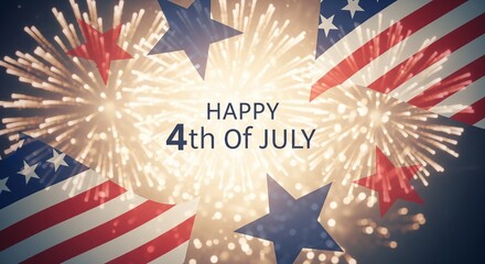 Obraz premium Happy 4th of July text overlay with American flag elements and fireworks display in patriotic red white and blue colors celebrating Independence Day celebration concept