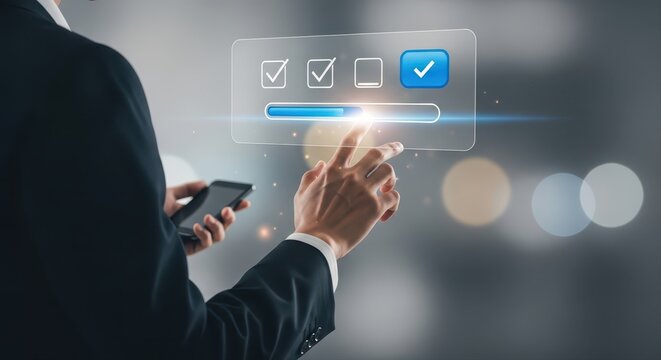 businessman pushing a button on a touch screen interface