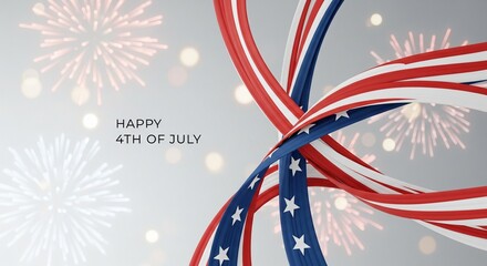 Obraz premium Abstract patriotic ribbons in red white and blue with stars and stripes pattern flow dynamically against a soft background with blurred fireworks and bokeh lights celebrating American Independence Day