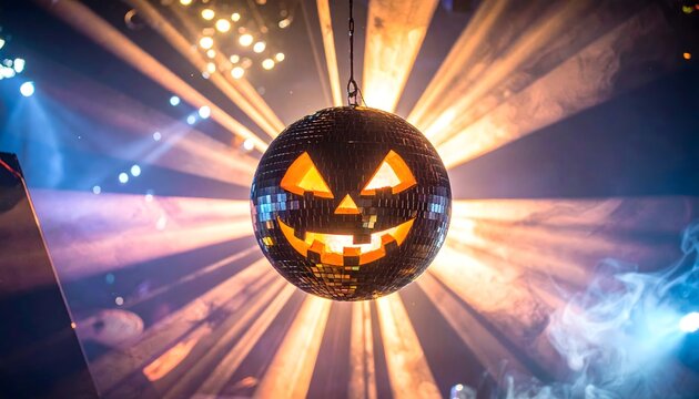 Halloween disco mirror ball shaped like a pumpkin face in a nightclub with smoke and dramatic light beams.