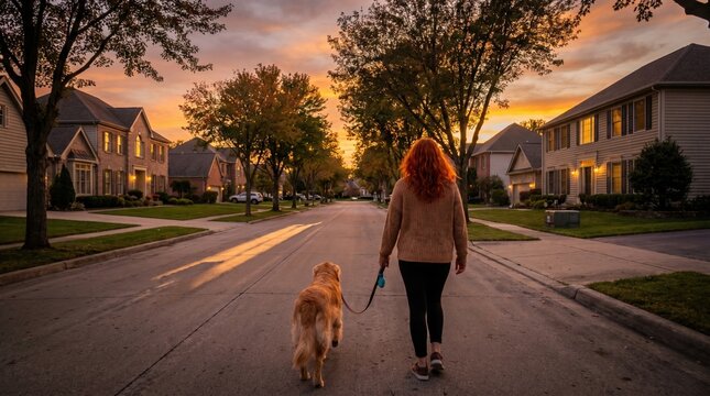 Woman with red hair walks her golden retriever down a quiet suburban street. Golden hour mood evokes peace. Ideal for lifestyle, pet care, or neighborhood community themes.