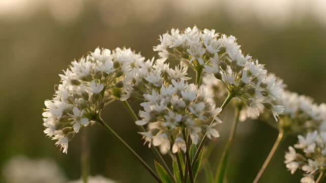 Macro shot of white chives flowers blooming in a meadow at sunset