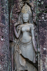 Apsara dancer carved into stone at Angkor Wat, Bayon Temple, Siem Reap, Cambodia. These celestial dancers are a common motif in Khmer art and architecture. © Zenstratus