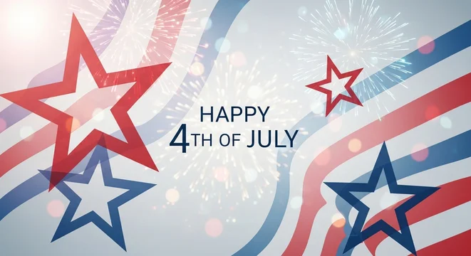 Happy 4th of July greeting with red and blue stars, fireworks, and wavy stripes, celebrating American Independence Day with patriotic symbols and festive atmosphere, graphic design.