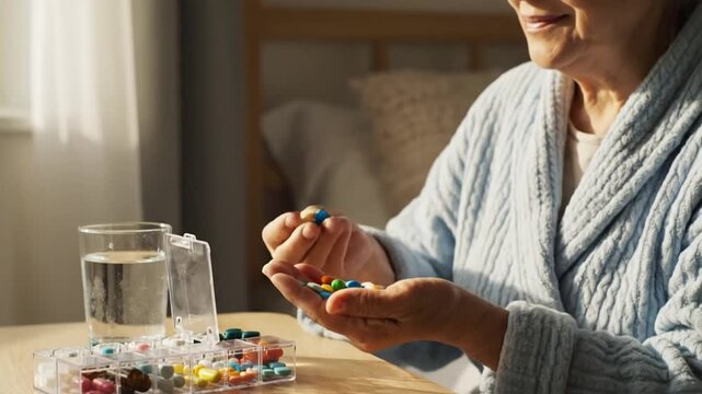 Senior person taking daily medication from pill organizer with water