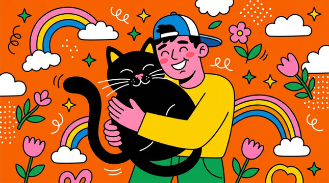 National Hug Your Cat Day young man happily embracing his beloved black cat 