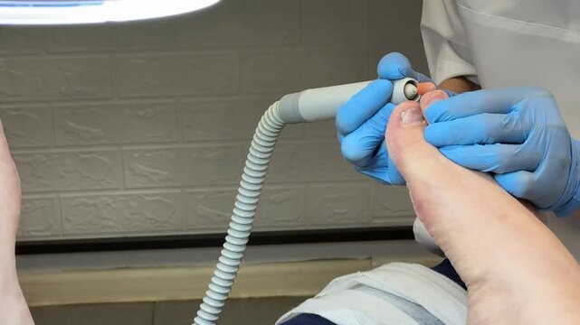 Close-up male foot receiving hardware pedicure, master technician uses diamond cutter and gloved hands to remove callus and shape
