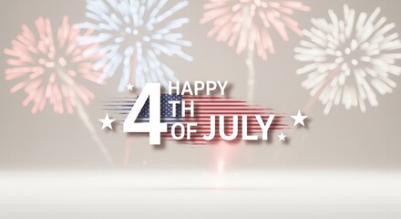 Fototapeta premium Happy 4th of July text with American flag brush stroke and fireworks celebration graphic design, patriotic holiday concept, festive background with stars and light effects
