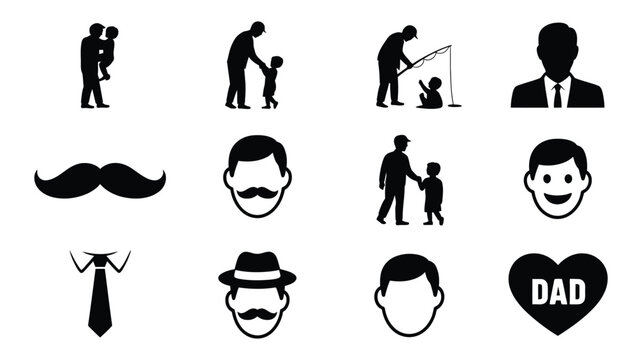 Father day icons set black silhouette dad beard family vector illustration