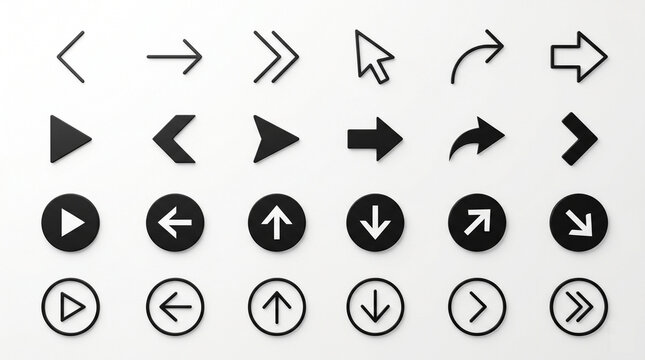 Minimal navigation icon collection featuring arrows, directional controls, media buttons, forward indicators, and interface symbols. Ideal for websites, mobile applications, dashboards, software produ
