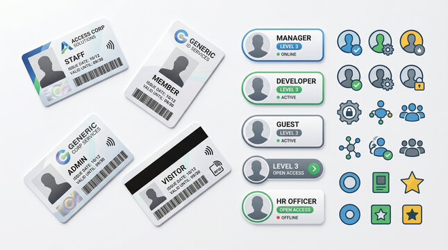 Corporate identification card collection featuring employee badges, visitor passes, profile icons, access credentials, and membership cards. Suitable for workplace systems, security management, confer