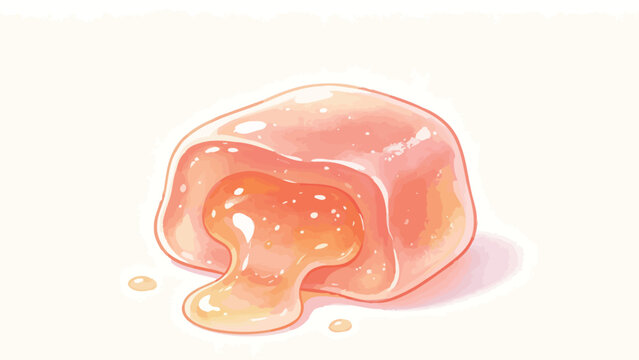 Whimsical hand-drawn watercolor illustration of a bitten peach-orange mochi, with glossy syrupy filling dripping out, sparkly sugary translucent texture on clean off-white background