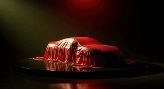 A car is unveiled on a circular platform with a red cloth covering it in a dark room.