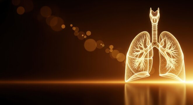 Glowing lungs with trachea and bronchi visible in a dark room