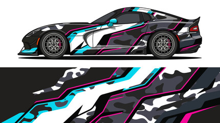Colorful sports car with dynamic camouflage design. © emblem
