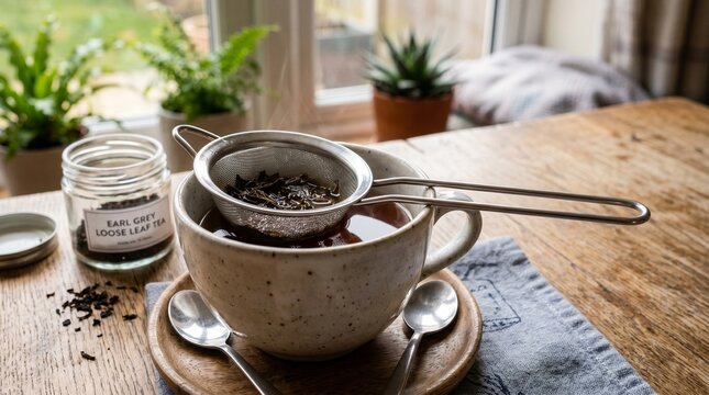 Realistic image of a small stainless steel tea strainer with long handle
