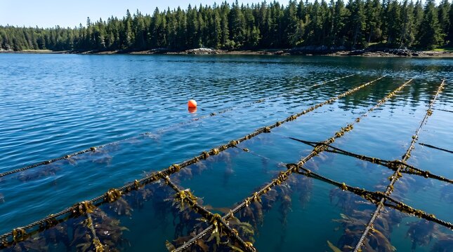"Aerial view of longline seaweed and oyster aquaculture farm in blue ocean bay representing sustainable marine environment and industry"