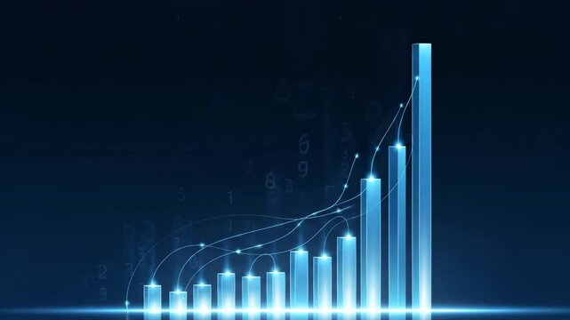 Abstract Blue Bar Chart Growing Upwards with Digital Data Background.