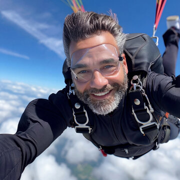 Man skydiving with a parachute high above the clouds