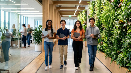 Obraz premium Asian Students Collaborating in Biophilic Office Design with Nature Integrated Workplace