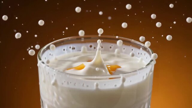 Fresh orange fruit cubes falling into a glass of creamy white milk create a beautiful crown splash motion video clip that highlights the dynamic liquid texture and vibrant colors at high speed.