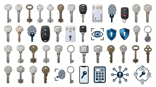 Advanced security and authentication vector collection featuring traditional keys, smart keycards, fingerprint access, biometric verification, digital locks, mobile security systems, and encrypted acc
