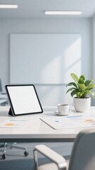 Fototapeta premium 白いオフィスデスクの空白の画面のタブレット端末とコーヒーカップと書類、ビジネスのコンセプトイメージ