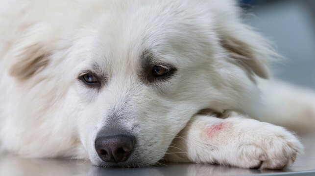 Sad White Dog Resting Head After Paw Medical Treatment In Clinic