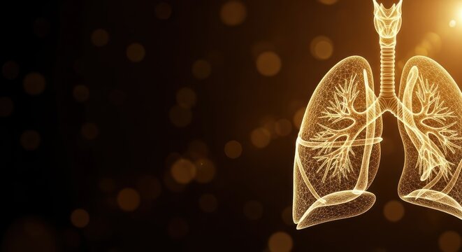 Golden illustration of lungs with trachea and bronchi on dark background