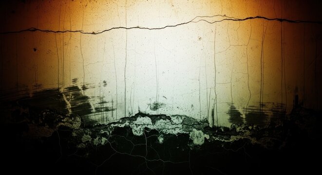 A dark and abandoned scene shows a cracked wall with peeling paint in a dimly lit room with shadows.