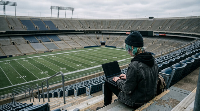 Contemporary Student Engaged in Study Session within Vast Stadium Seating