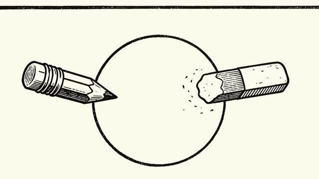 Retro Monochrome Line Art Illustration of a Broken Pencil Split Across an Empty Circle, Sharpened Tip on Left, Worn Eraser End on Right