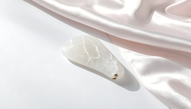 White jade gua sha stone with pink silk fabric draped elegantly, promoting relaxation and wellness