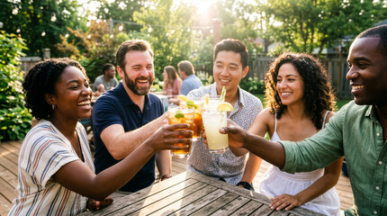 Fototapeta premium Diverse Young Adults Sharing Drinks at Sunny Outdoor Gathering