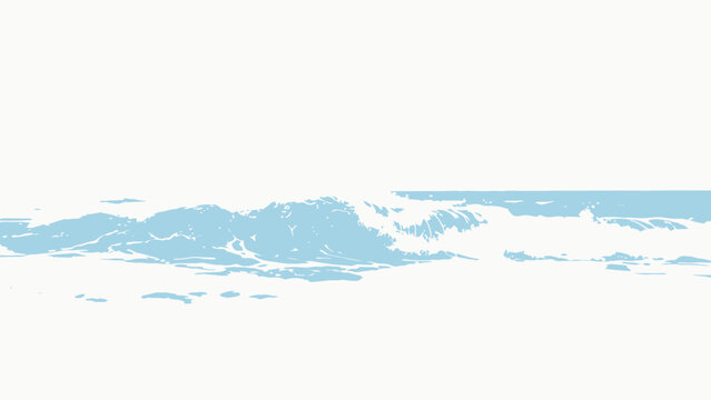 Soft Watercolor Illustration of Sunlit Gentle Breaking Coastal Ocean Wave, Pale Blue Palette, Serene Minimalist Seascape with White Negative Space